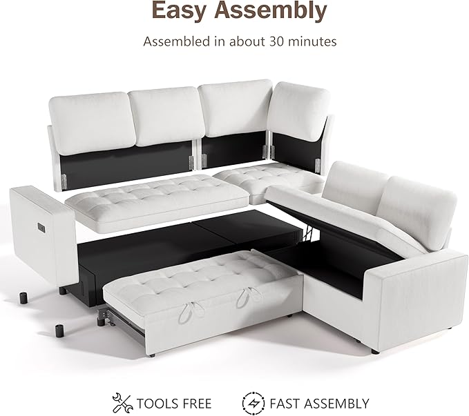 Vipbear 85 Inch Modular Sectional Sofa with Pull Out Bed Chenille L Shaped Sectional Sofa with USB Ports/Reclining Backrest/Storage Seats Tool-Free Assembly Sofa Couch for Living Room Begie