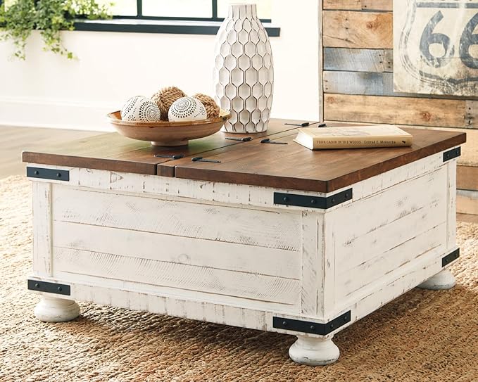 Signature Design by Ashley Wystfield Farmhouse Coffee Table with Storage Hinged Lift Top Wood 36 W x 36 D x 18 H Distressed White