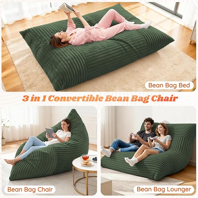 3 in 1 Giant Bean Bag Chair for Adults and Kids Oversized Convertible Bean Bag Bed with Machine Washable Cover Comfy Soft Memory Foam Floor Sofa for Living Room Bedroom &amp Game Room(Green)