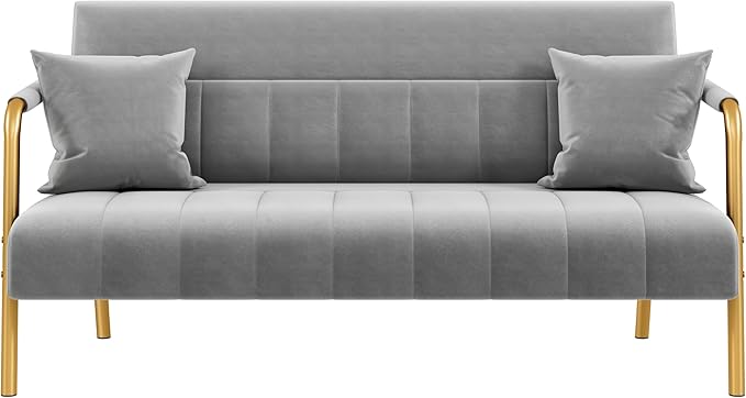 Yaheetech 56.5 W Modern Sofa Small Sofa Luxurious Velvet Fabric Couch with Gold-Tone Metal Arms and Legs for Living Room Home Office Studio Light Gray