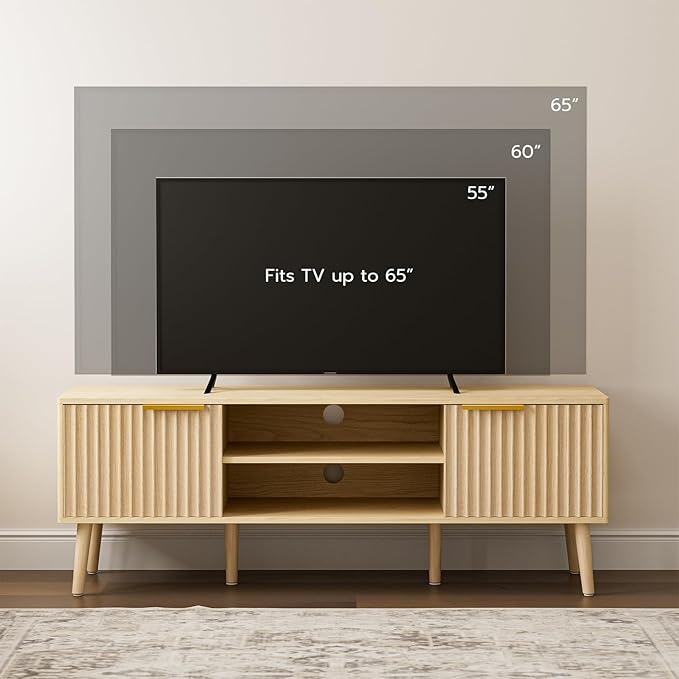 TV Stand for Living Room Boho Entertainment Center for 55/60 inch TVs Media Console with Fluted Door Cabinets and Open Shelves for Bedroom Oak
