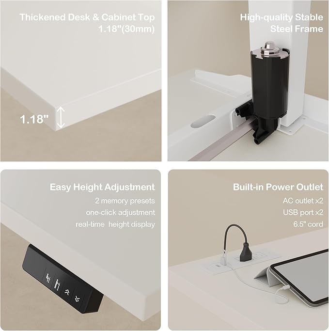 67 L Shaped Standing Desk with Drawers and File Cabinet AC/USB 1.18 Desktop Height Adjustable Wood Desk Electric Desk with Multiple Functions for Home and Office White Rattan