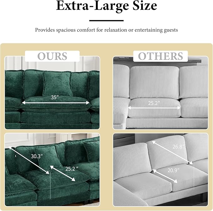 117.3” Green Modular Sectional Sofa 3 Seater Large Sectional Couches for Living Room Chenille Fabric Oversized Cloud Couch with Ottoman Deep Seat Wide Armrest Home Sofas Set Sofá Moderno L Shaped