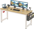 Large Computer Desk - 63 Inch Home Office Desks Study Student Writing Table Gaming Desk Wood Modern Simple Table with Storage Bag &amp Headphone Hooks Rustic White