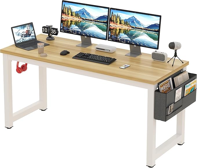Large Computer Desk - 63 Inch Home Office Desks Study Student Writing Table Gaming Desk Wood Modern Simple Table with Storage Bag &amp Headphone Hooks Rustic White