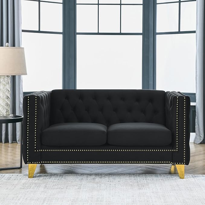 Antetek Comfy Upholstered Couches for Living Room 58-inch Modern Button Tufted Loveseat Sofa w/Square Arm 4 Golden Metal Legs and Gold Nail Heads for Living Room Office Apartment Black