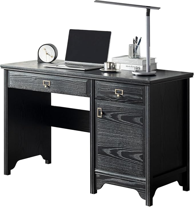 Chogori 47 Solid Wood Executive Desk Farmhouse Office Computer Desk with 2 Drawers &amp Storage Cabinet Wooden Writing Table for Home Office Study Bedroom Black