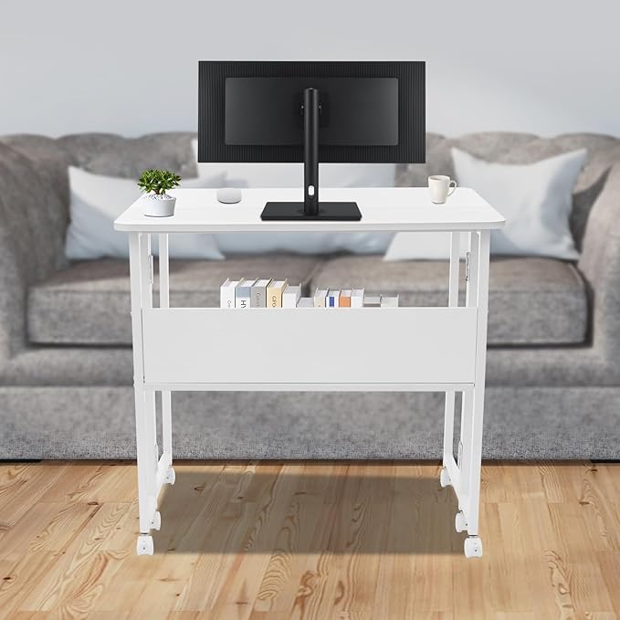 Foldable Computer Desk with 6 Wheels and Storage ShelfMobile Home Office Desk Study Writing DeskRolling Folding Desk Table31.5 x 22.83 Inches (White)