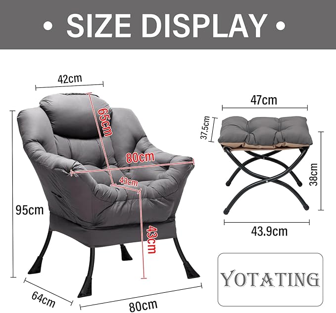 Lazy Chair with Ottoman Lounge Accent Arm Chair with Armrests Side Pocket and Footrest Leisure Upholstered Sofa Reading Chair with Footstool for Living Room Bedroom Dark Grey