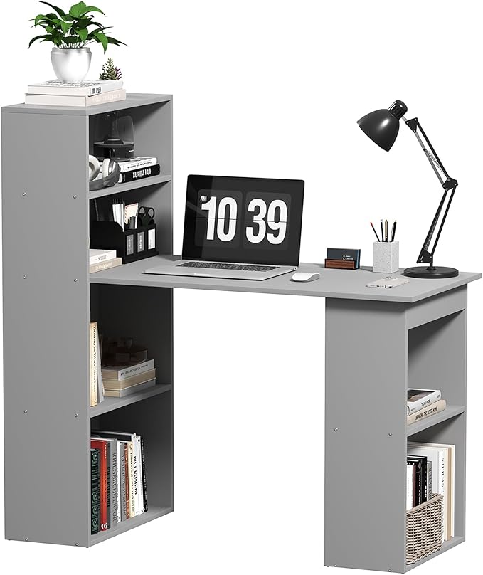 HOMCOM Modern Home Office Desk with 6-Tier Storage Shelves 47 Writing Desk with Bookshelf Gray