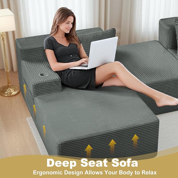 Boneless Couch Cloud Modular Sectional Sofa Modern Convertible L Shaped 3 Seat Corduroy Deep Seat Boneless Couches with 5 Pillows for Living Room Apartment (Dark Gray Left Facing Chaise+Ottoman)