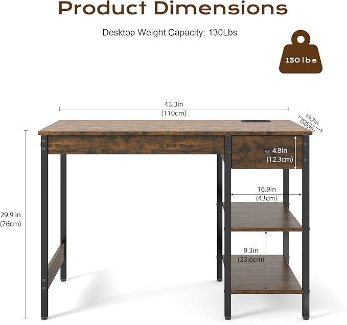 Manora 43 Inch Computer Desk with Drawers and Power Outlet Home Office Computer Tables for Laptop with Open Shelves Small Desk for Small Spaces Rustic Brown