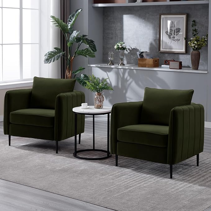 Modern Velvet Accent Chair Sets of 2 Upholstered Single Sofa Chairs Armchair with Square Arm Accent Chairs for Living Room Bedroom Apartment (Velvet Green Chairs * 2)