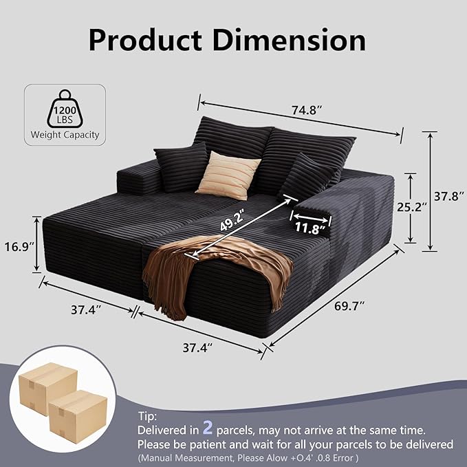Oversized Double Chaise Lounges Indoor - 74.8 Upholstered Boneless Cloud Stupendous Oversized Chaise Lounge Couch Luxury Sofa Bed Deep Seat - Plush Corduroy Lounge Chair2 PiecesBlack