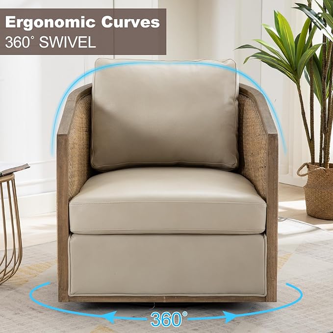 Swivel Barrel ChairLeather Accent Chair with ArmsCushion BackRattan FrameRound Swivel Chair for Living RoomBedroomOfficeWaiting Room (Oyster Grey Leather)