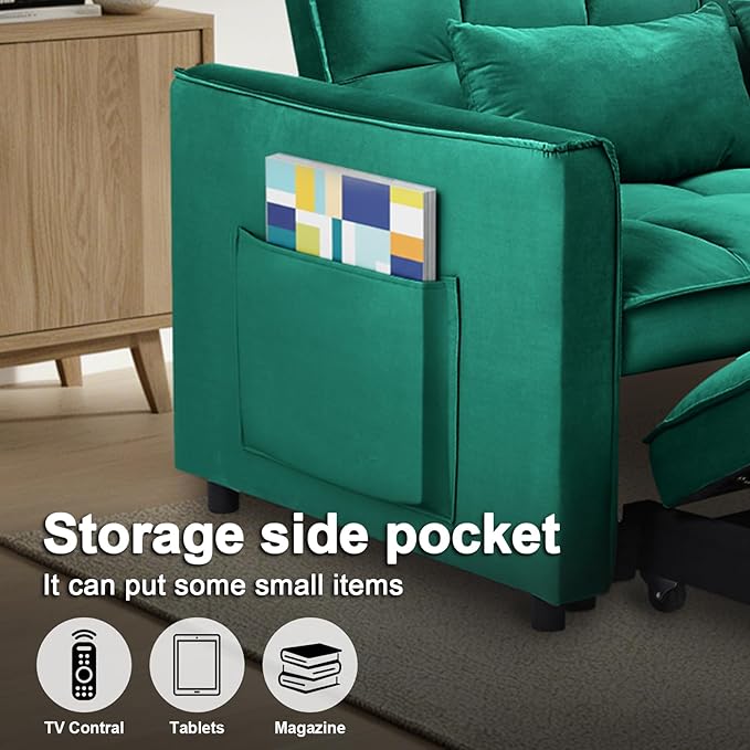Dreamzie 3 in 1 Convertible Sleeper Sofa Bed 55'' Loveseat Sleeper Sofa Pull Out Couch Bed with Side Pocket &amp Adjustable Backrest for Living Room Velvet Fabric Green