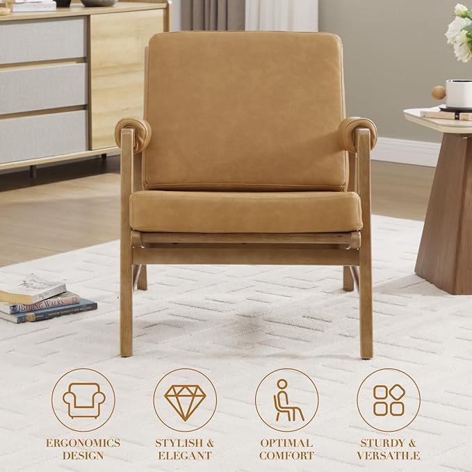 CIMOTA Mid Century Modern Accent Chair Set of 2 Leather Upholstered Living Room Chairs with Arms Comfy Reading Chair with Solid Wood Frame High Back for Bedroom Waiting Room Office Brown