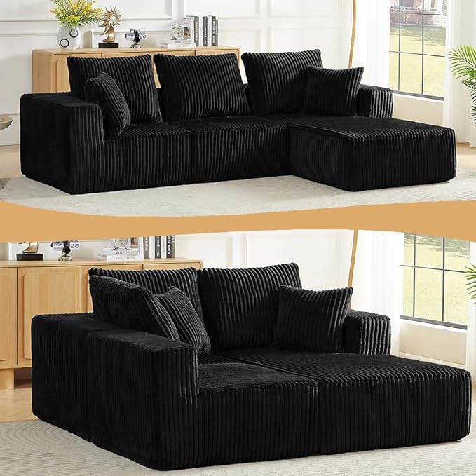 Cloud Sectional Couch with L-Shape Chaise Modern Modular Sofa with Deep Seat Upholstered Corduroy Cloud Sofas Boneless Couches for Living Room No Assembly Required (Black Right Facing Chaise)