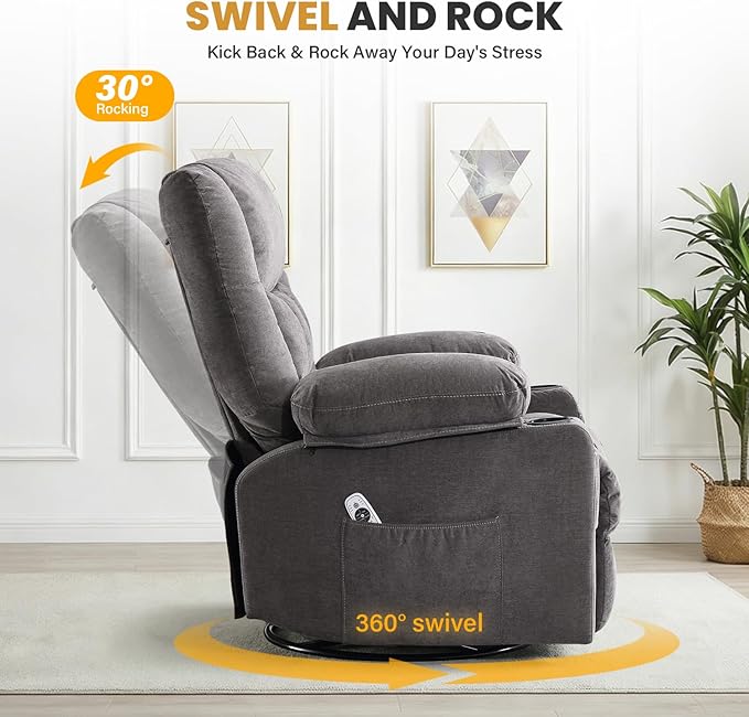 Swivel Recliner Chair for Adults with Vibration Massage and Lumbar Heat Ergonomic Rocking Chair for Living Room and Bedroom Featuring Side Pocket 2 Cup Holders &amp USB Charge Port