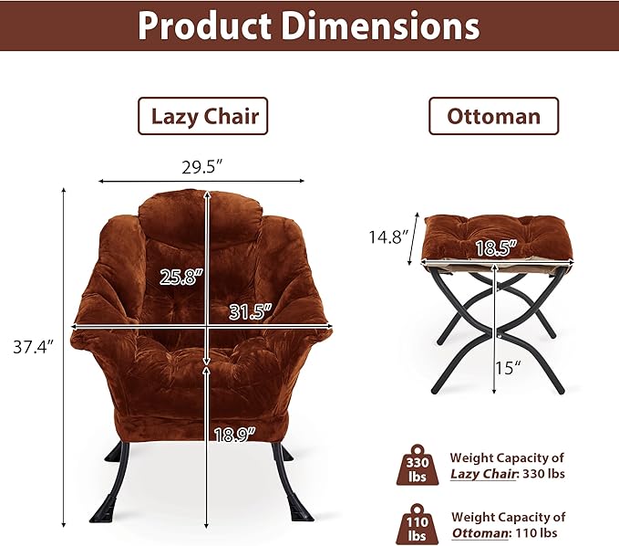 Lazy Chair with Folding Ottoman Accent Chair Plush Upholstered with Metal Structure and Non-Slip Pads Sofa Armchair with Footrest and Side Storage Bag for Dorm Room Office Brown