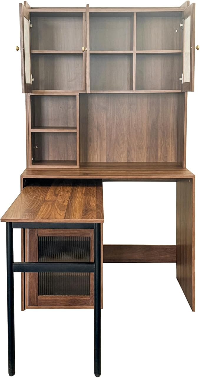 LUMISOL L Shaped Computer Desk with 90 Degree Rotating Desktop Home Office Desk with Hutch &amp Bookshelf Multi-Functional Woking Table with Storage Drawers for Study Room Office Living Room Walnu