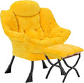 Lazy Chair with Folding OttomanLeisure Sofa ChairSoft Fabric Armchair with Armrests and Side Pockets Reading Chair with Footrest for Living Room Bedroom Office (Plush Yellow)