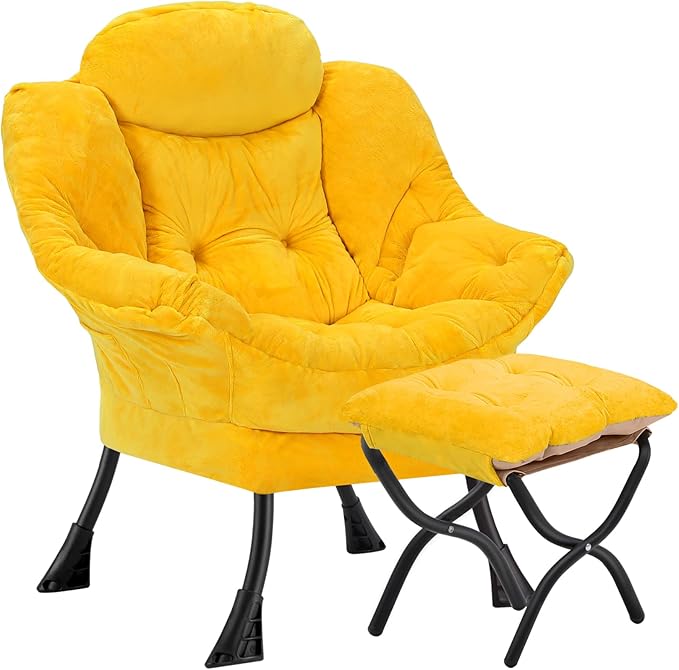 Lazy Chair with Folding OttomanLeisure Sofa ChairSoft Fabric Armchair with Armrests and Side Pockets Reading Chair with Footrest for Living Room Bedroom Office (Plush Yellow)