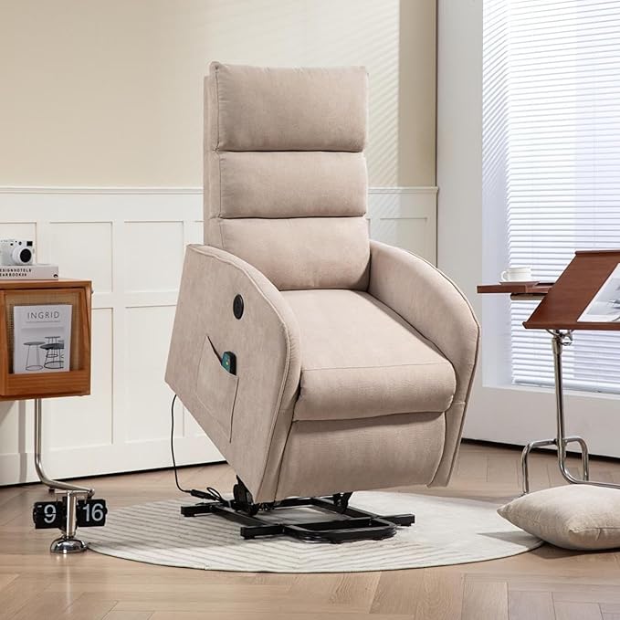 AVAWING Power Lift Chair with Heat and Massage for Elderly Fabric Electric Recliner Chair with Remote Control Side Pocket and USB Port for Living Room &amp Bedroom Khaki