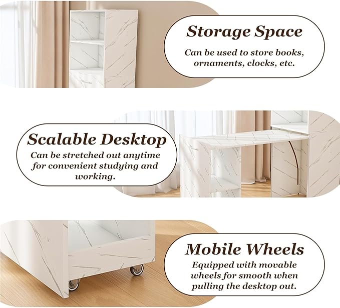 Stretchable Foldable Office Desk with Storage Shelves Extendable Tabletop Lockable 360° Wheels Space-Saving Desk for Home Office Practical(White Marble)