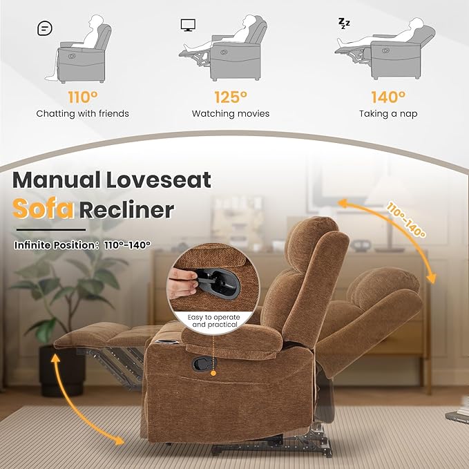 Loveseat Recliner Double Recliner Loveseat with Adjustable Footrest &amp Cup Holder Wall Hugger Recliner for Living Room &amp Home Theater &amp RV(Brown)