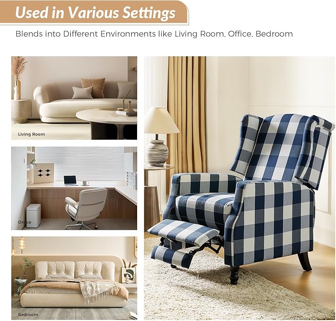 HULALA HOME Wingback Recliner Chairs Set of 2 Traditional Push Back Recliners with Solid Wood Legs Modern Lounge Armchairs for Living Room Comfy Upholstered Accent Reclining Chairs Buffalo Navy