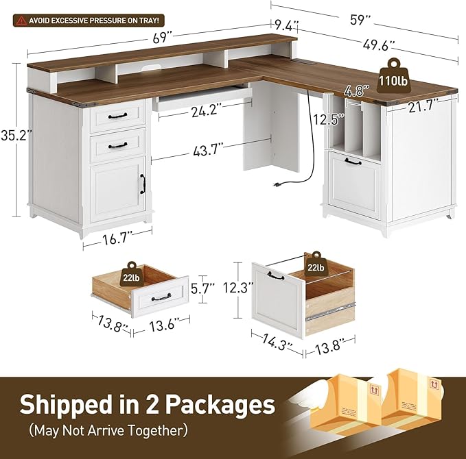 Farmhouse 69 Executive L Shaped Desk with Drawer Home Office Desk with Charging Station Corner Computer Desk with Monitor Stand File Drawer Storage Cabinet White and Walnut