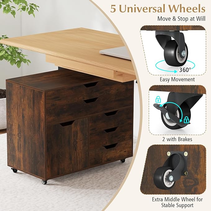 MAT EXPERT 5-Drawer Mobile File Cabinet w/Door Lateral Filing Cabinet w/5 Universal Wheels Rolling File Cabinets with Storage Modern Wood Printer Stand for Home Office Living Room (Rustic Brown)