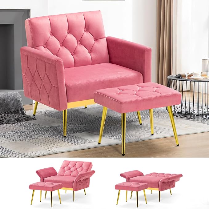 Velvet Accent Chair w/Adjustable Armrests and Backrests Tufted Single Sofa with Ottoman Upholstered Reading Chiar for Living Room Apartment Bedroom Pink