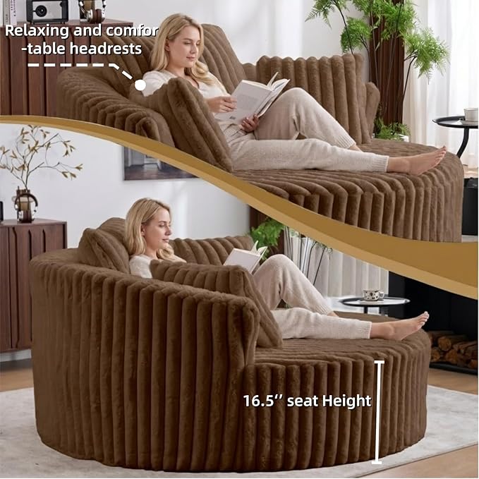 Oversized Upholstered Chaise Lounge Chair Indoor Corduroy Deep Seat Accent Chair Plush Boneless Barrel Sofa Chair for Living Room Bedroom Apartment (Brown 57 Inch)