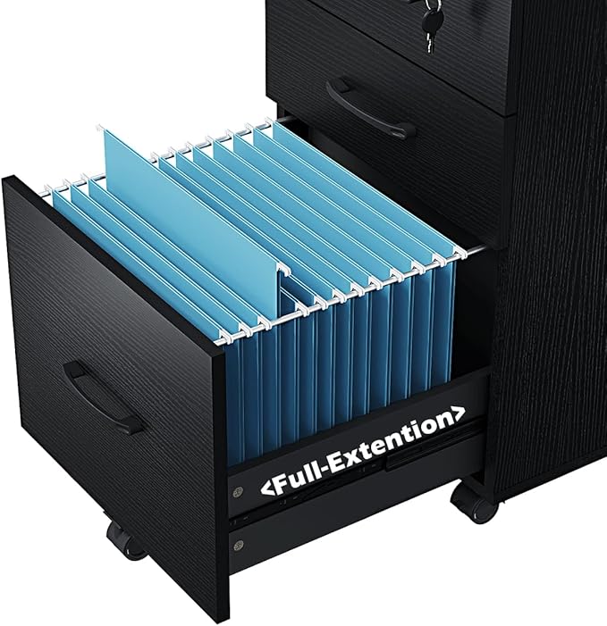 Panana 3 Drawer Wood Mobile File Cabinet Under Desk Storage Drawers Small File Cabinet for Home Office (Black)