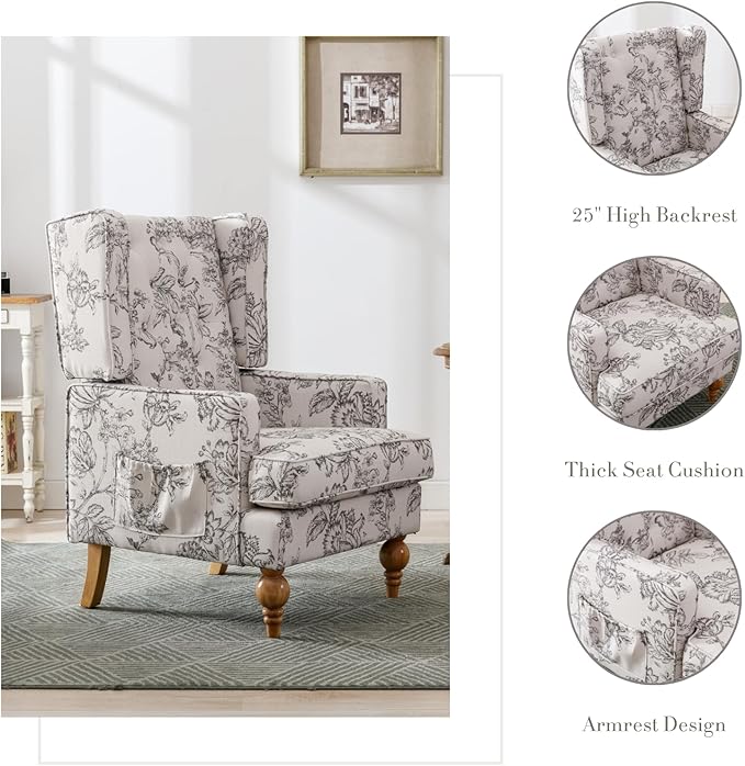 HEAH-YO Mid-Century Modern Accent Chair Upholstered Linen Living Room Chair with High Backrest Comfy Arm Side Chair for Bedroom Beige