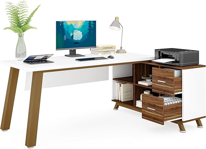 LITTLE TREE 70.8 Office Desk with 55 File Cabinet Combo L-Shaped Executive Desk with Storage Drawers &amp Shelves Wooden Home Office Desk Large Business Furniture White and Brown