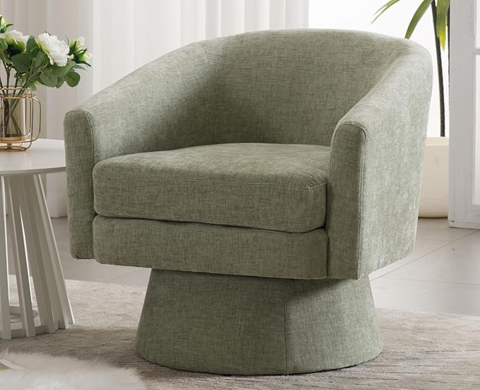 Modern Green Swivel Accent Chair Upholstered Chenille Barrel Chair Boucle Vanity Reading Chair Cozy Round Single Sofa Arm Chair Club Side Chairs for Bedroom/Waiting/Living Room