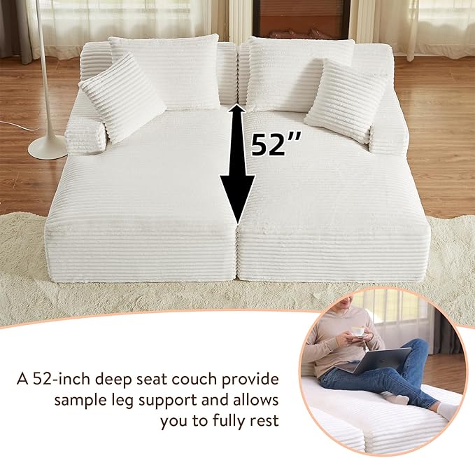 Oversized Double Chaise Lounge Chair Indoor Fluffy Upholstered Corduroy Sofa Bed with Throw Pillows Comfy Sleeper Deep Seat Sectional Loveseat Sofa Couch for Living Room (Beige)