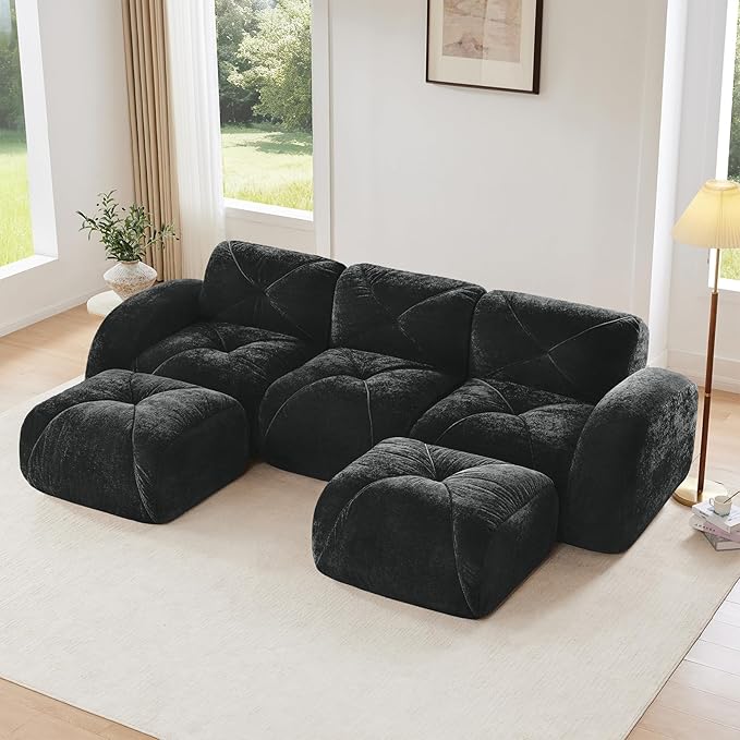 110.6'' Modular U Shaped Sectional Couches for Living Room Modern Velvet Cozy Boneless Sofa with 2 Ottoman No Assembly Required Comfy Couch Black Cloud Boneless Couch in a Box Sofas para Sala