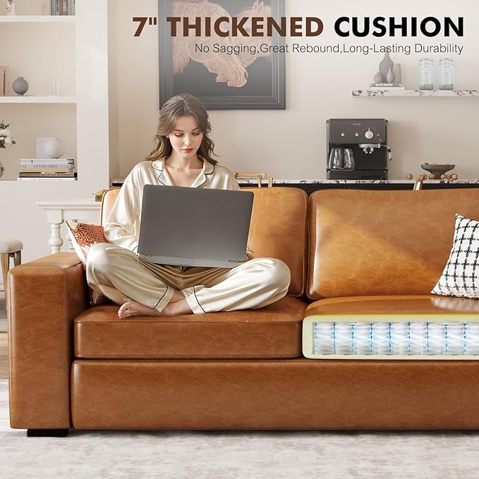 ABCASA 85 Faux Leather Couch with Padded Cushions Mid-Century Modern Sofa with Extra Deep Seats 3-Seater Sofa Couch for Living Room Apartment Lounge Brown