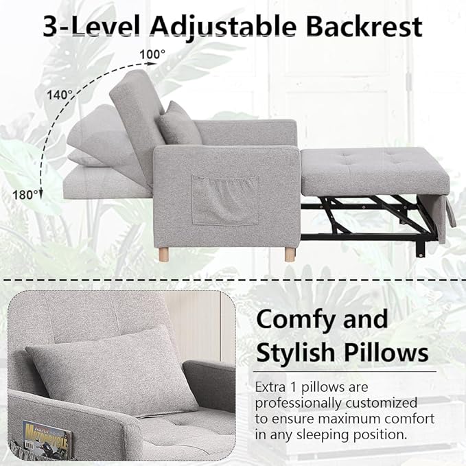Sleeper ChairConvertible Sleeper Sofa ChairPull Out Sleeper Chair with Adjustable BackrestMulti-Functiona Lounge Chair for Living Room(Light Grey)