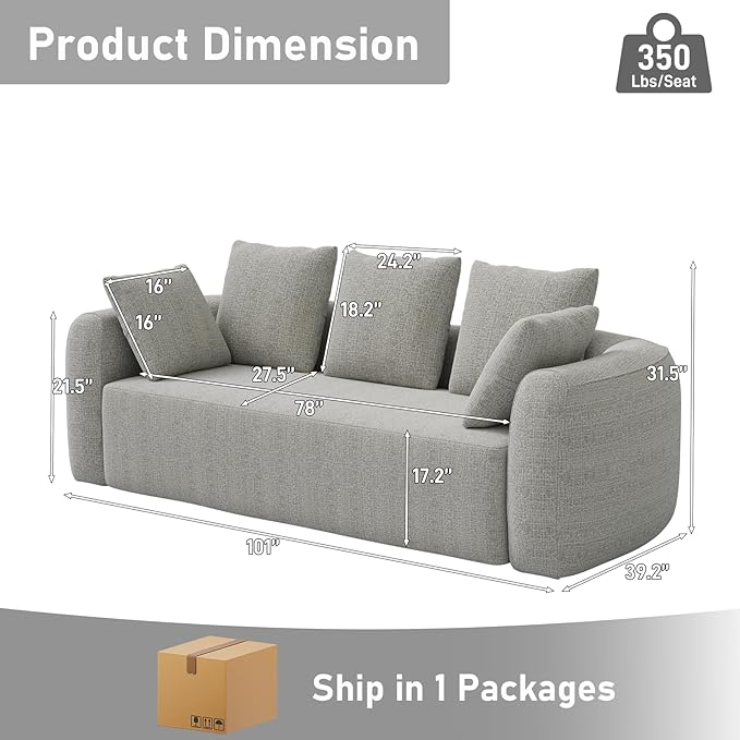 101 Curved Sofa Cloud Couch for Living Room Comfy Chenille 3-Seater Boneless Sofa Extra Deep &amp Wide Seat with 5 Throw Pillows No Assembly Needed Beige