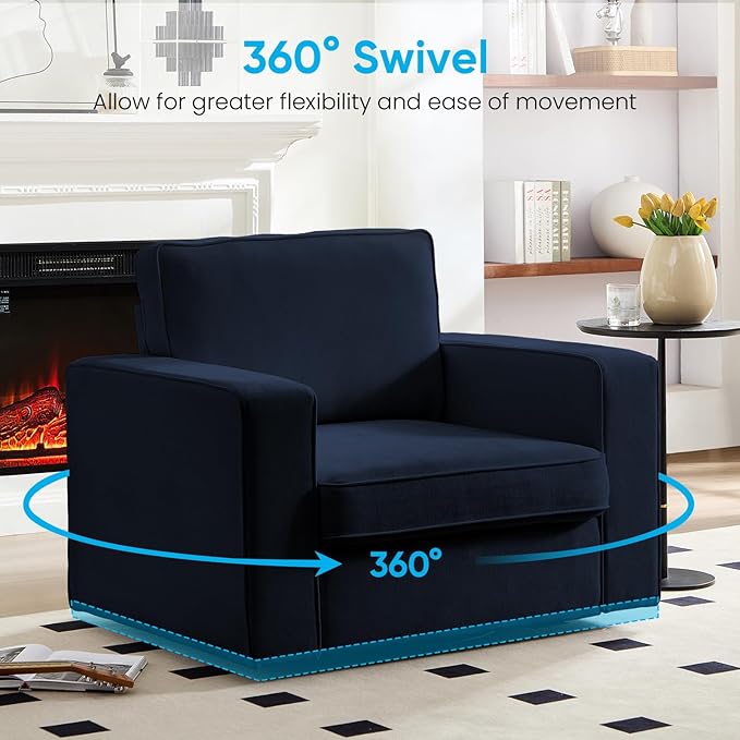 Mjkone Upholstered 360° Swivel Accent Chair with Metal Base Modern Chenille Swivel Single Sofa with Wide Armrests Mid-Century Single Sofa Square Reading Chair for Living Room Office Deep Blue