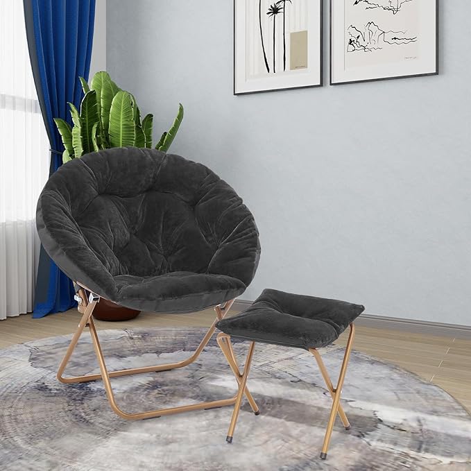 Athena Collection Round Saucer Chair with Ottoman Set for Adults Oversize Comfy Cozy Faux Fur Folding Reading Chair with Metal Leg Lazy Relaxing for Living Room Bedroom Dorm Apartment Black