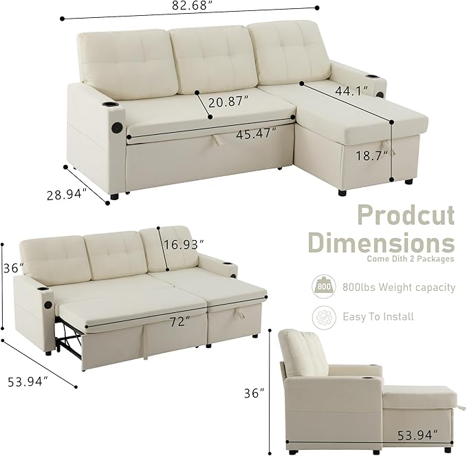 82 Pull Out Sofa BedL-Shape Modern Sleeper Sofa Upholstered Sectional Couch with USB Port and Side Pockets for Living Room and Guest Room (Beige)