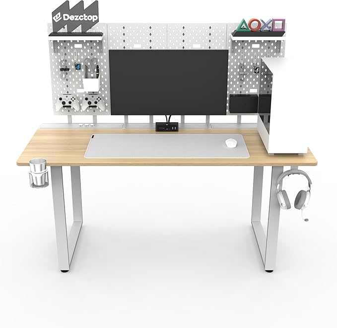 Dezctop Bifrost 160 63W x 28D Gaming PC Computer Desk with Shelves Large Workstation for Gamers or Home Office with Pegboard Built-in Cable Management Stainless Steel Frame (Oak 63W x 28D)