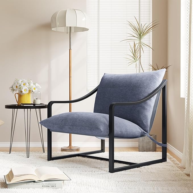Garvee Modern Accent Chair Set of 2 with Metal Frame &amp Armrest Upholstered Reading Chair with Soft Foam Cushion Sling Lounge Chair for Living Room Bedroom Office Apartment Cozy Armchair Gray