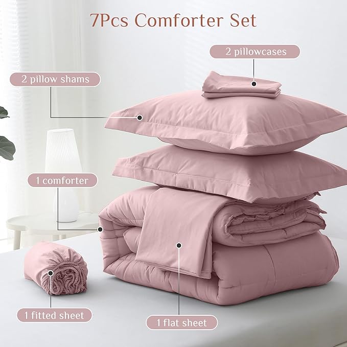 JOLLYVOGUE Queen Comforter Set Ultra-Soft Bed in a Bag Queen Size 7 Pieces Oeko-TEX Certified Bedding Set with Down Alternative Comforter Sheets Pillowcases &amp Shams Camio Pink